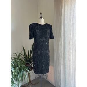 J.M.C Women's Med Dress Black Beaded Silk SS Party Chemise Keyhole Back